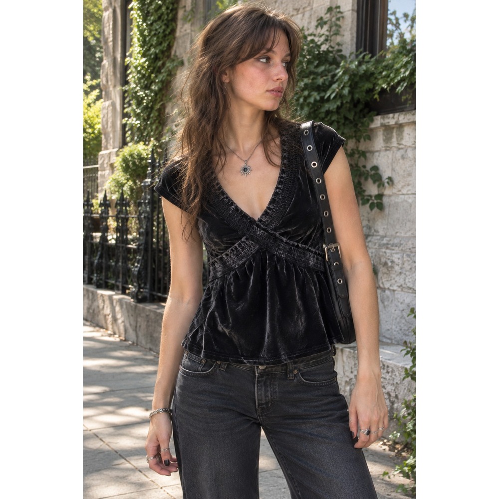 Black Velvet Crossover Top Mesh Yoke Whimsigoth Grunge Fairy Medium Y2K